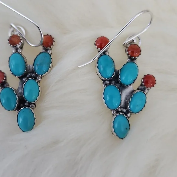 NWT Native American Navajo Turquoise Cactus Dangle Earrings 🩵🌵🧡 - Picture 8 of 12